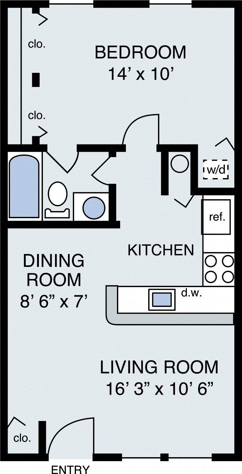 Floor plan for 1 bed, 1 bath, 578 sqft